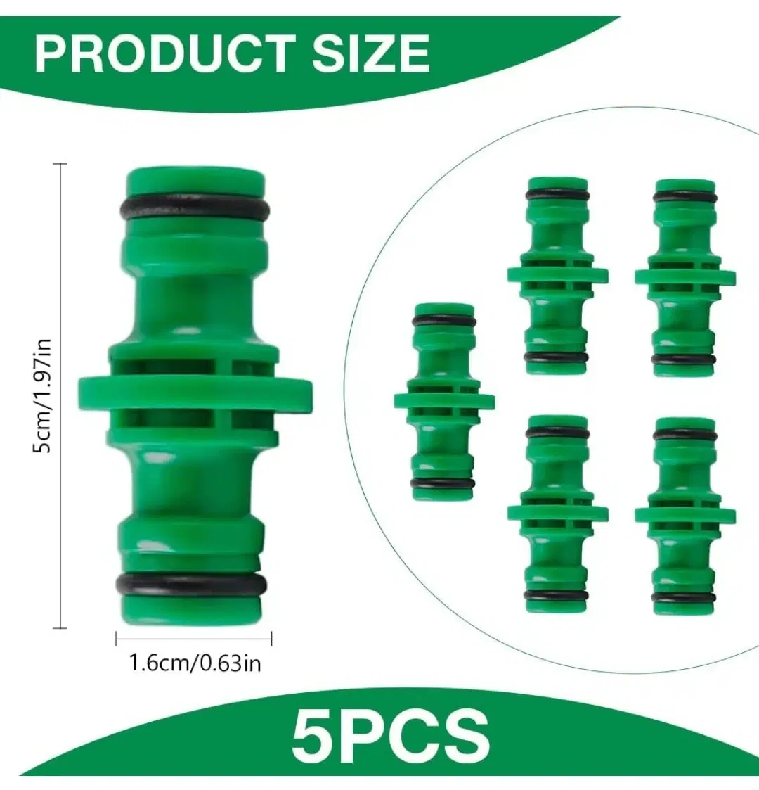 Hose Reel 2 Way Connector (Pack of 5), Garden Hose Joiner Double Connector, Quick Connect Fitting for Hose Repair, Durable Leak-Proof Pipe Coupler, Green, 5 cm x 1.6 cm