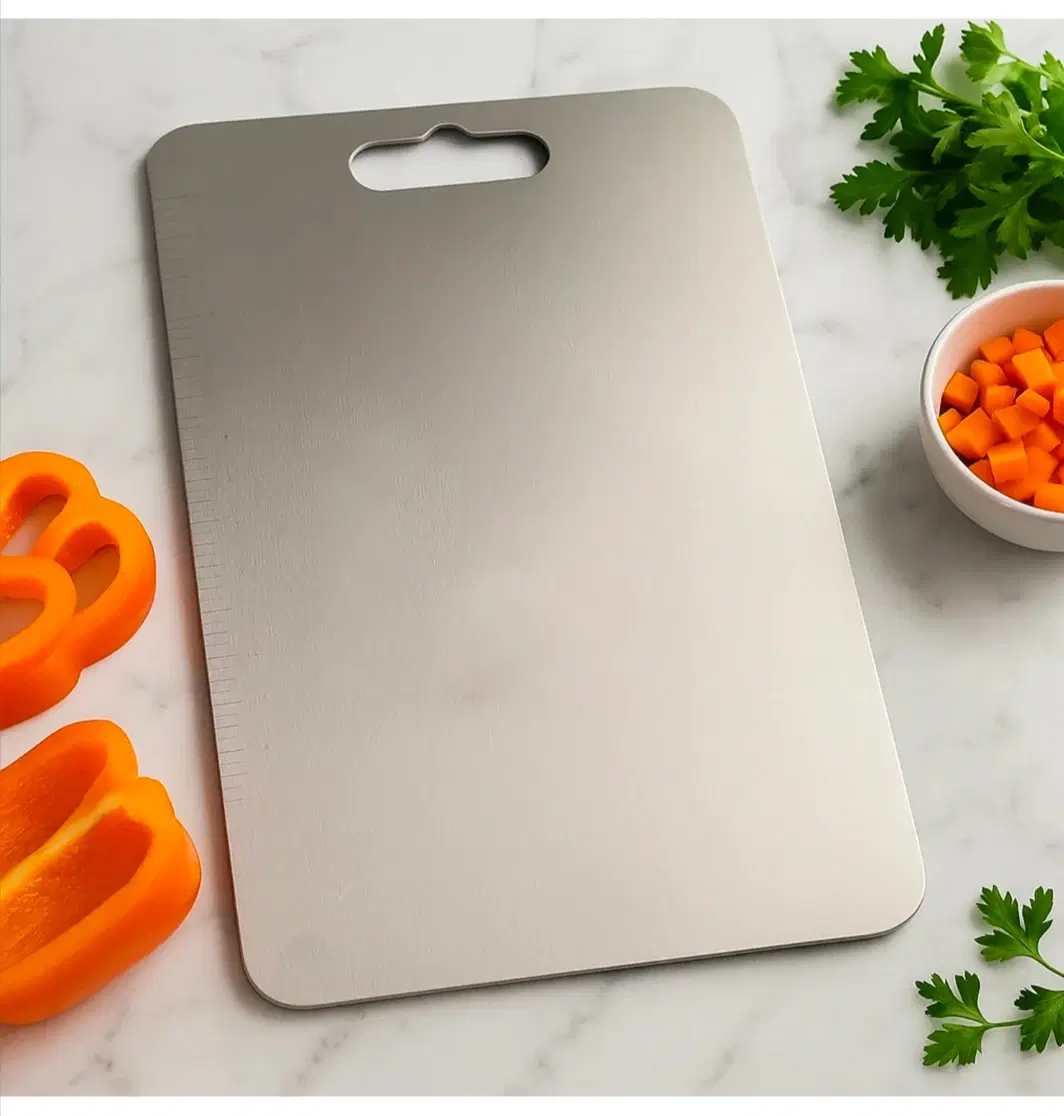 Stainless Steel Cutting Board with Handle, 31x20.5 cm, Food-Grade, Non-Porous, Rustproof, Heat Resistant, Rectangular, for Vegetables and Meat