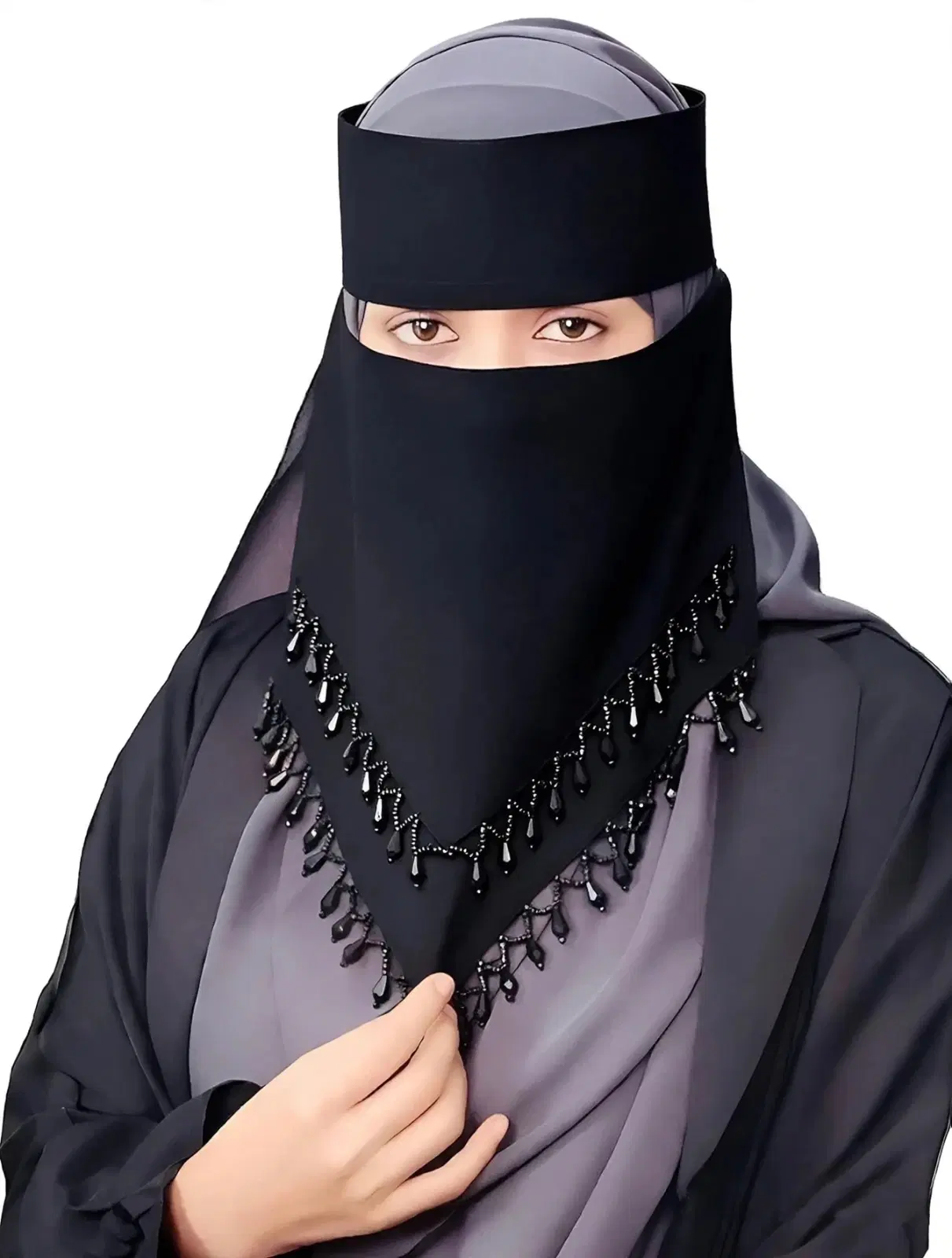 Women's Black Beaded Face Veil Niqab