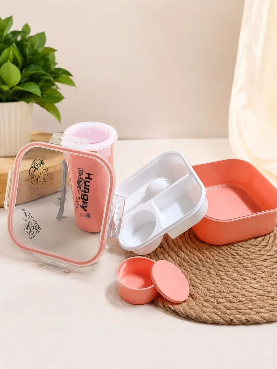 Pink Compartment Lunch Box with Sauce Cup and Cutlery