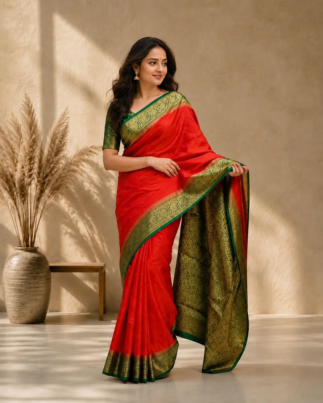 Traditional Red Kanchipuram Silk Saree with Contrast Green Gold Zari Border - Festive Wear
