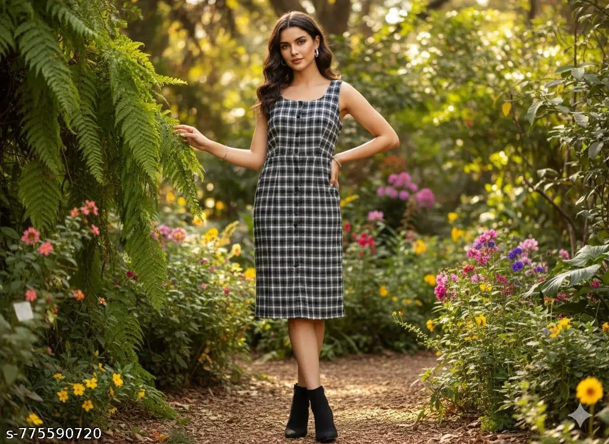 Woman wearing a black and white check sleeveless midi dress in a garden