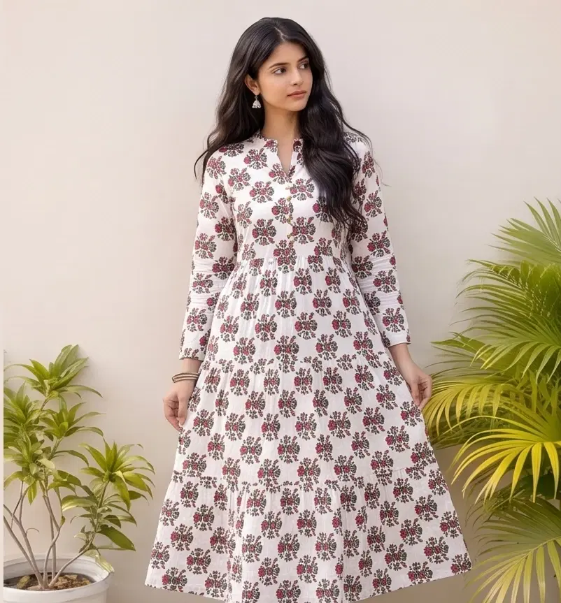 Woman wearing a white floral printed long Anarkali kurta dress with full sleeves