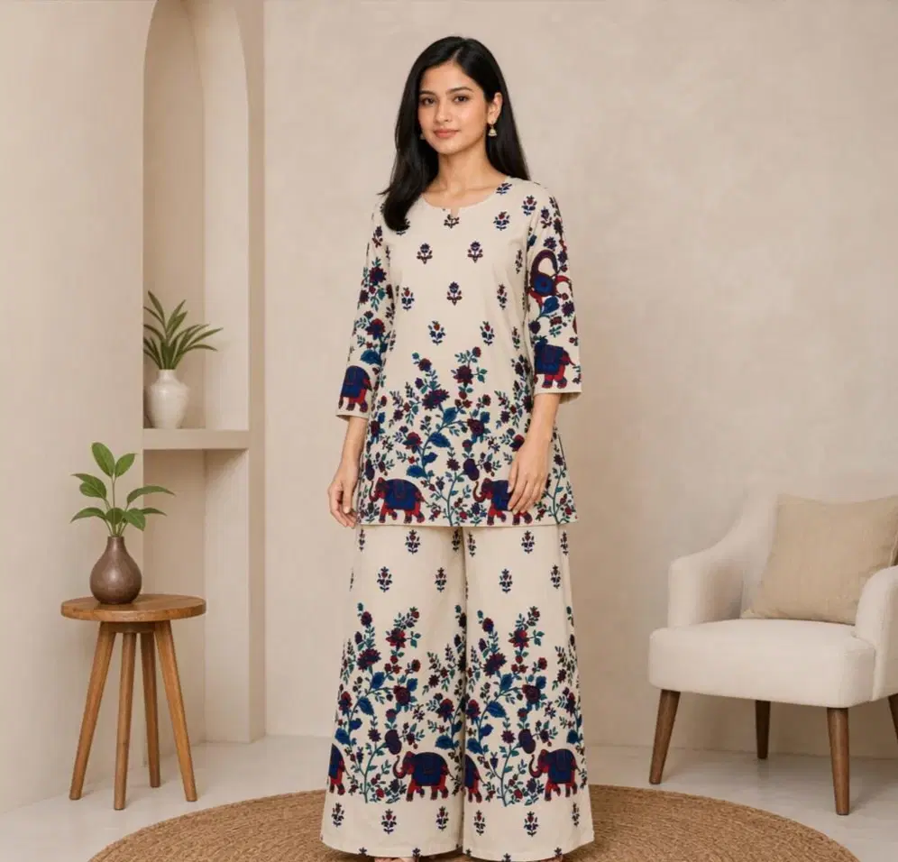 Woman wearing cream floral and elephant print kurta with matching palazzo pants