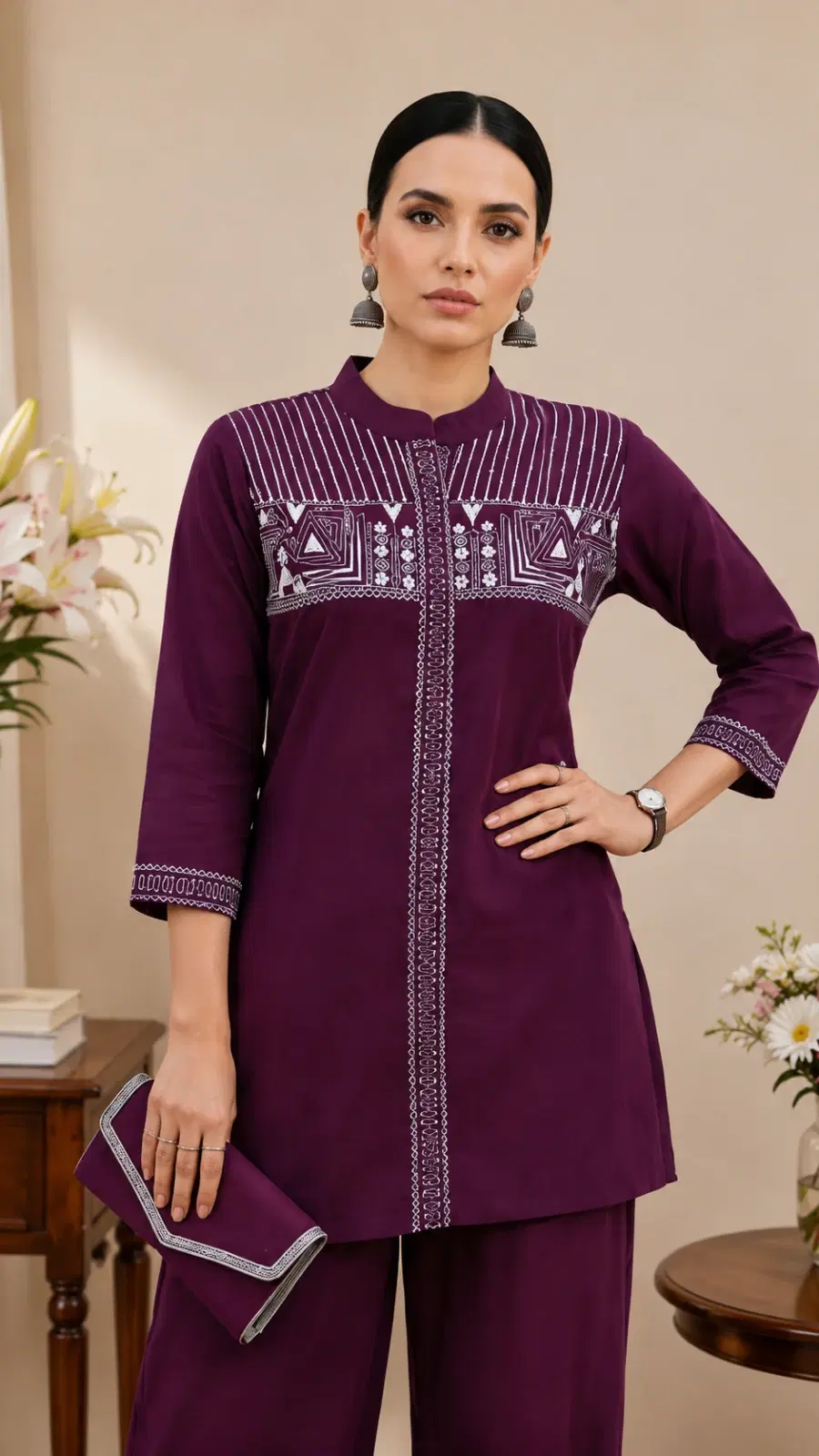 Women's Purple Embroidered Kurta with Palazzo Set