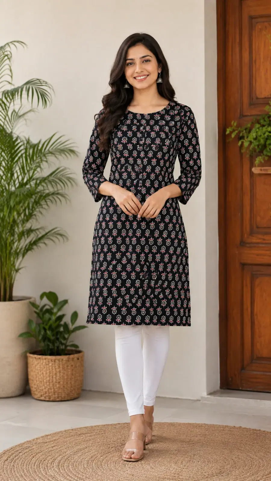 Woman wearing a black printed straight kurta with white leggings and clear strap sandals
