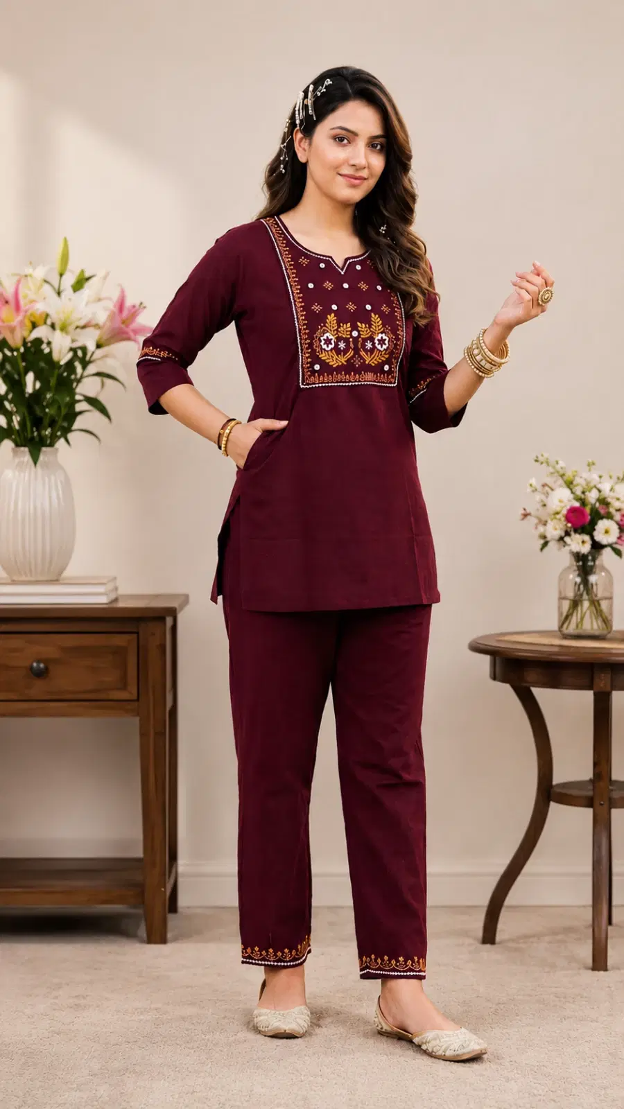 Woman wearing a maroon embroidered kurta with matching straight pants and beige flats