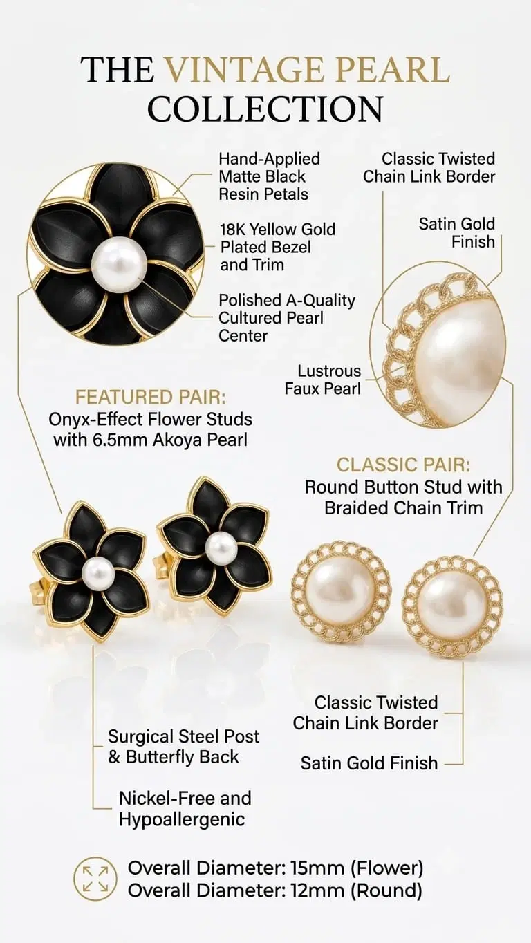 Vintage pearl stud earrings set with black flower studs and round gold-tone pearl studs on white background