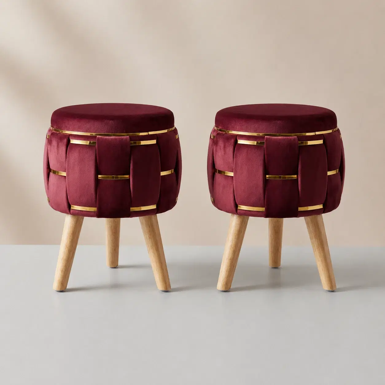 Set of 2 Velvet Upholstered Round Ottoman Stools set of 2