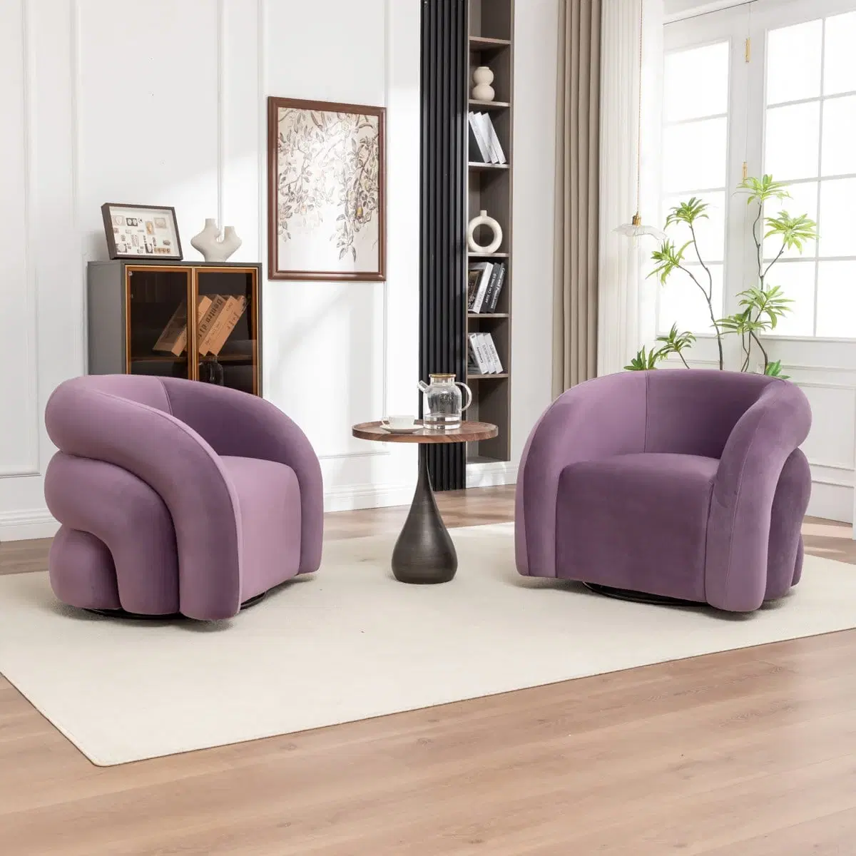 Lavender curved accent chair shown from front and side with rounded arms and a low swivel base