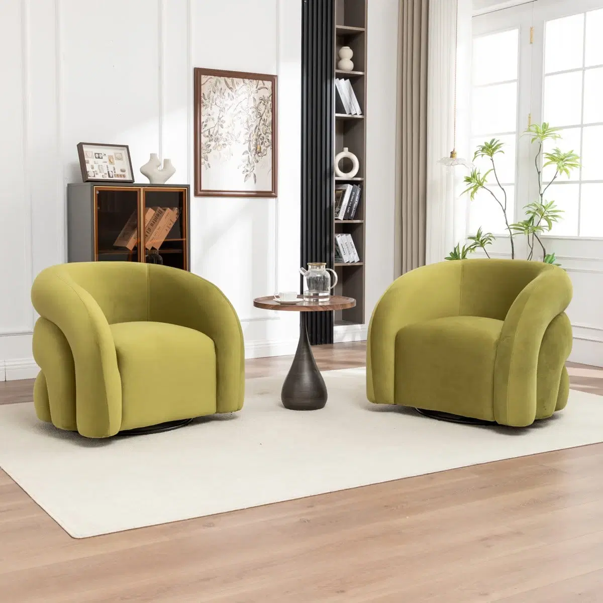 Front view of olive green barrel accent chair with rounded arms and black swivel base