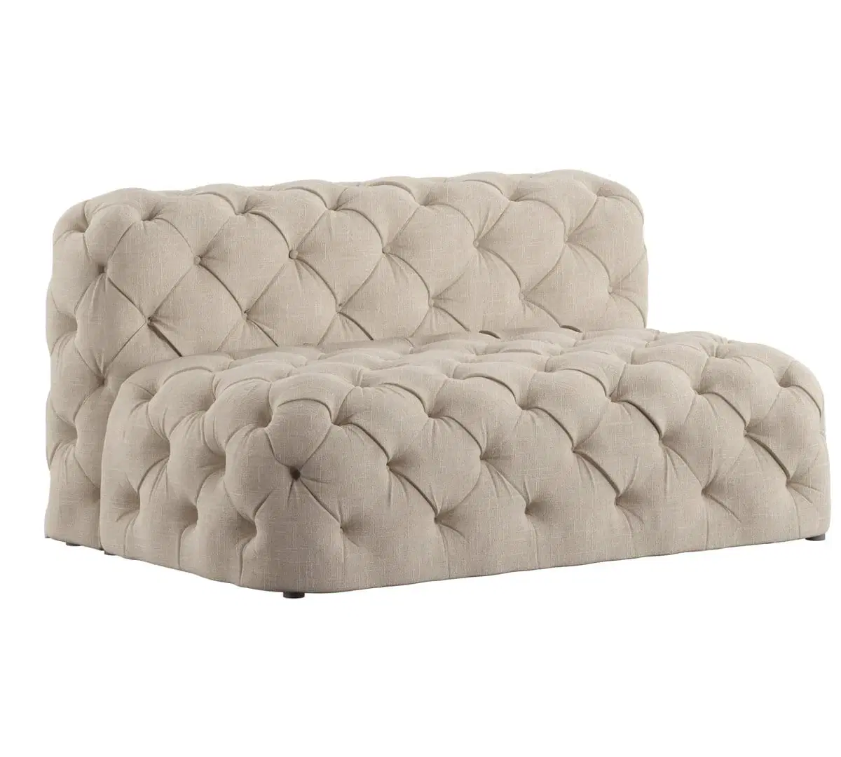 Front three-quarter view of a beige tufted loveseat with low profile and rounded upholstered edges