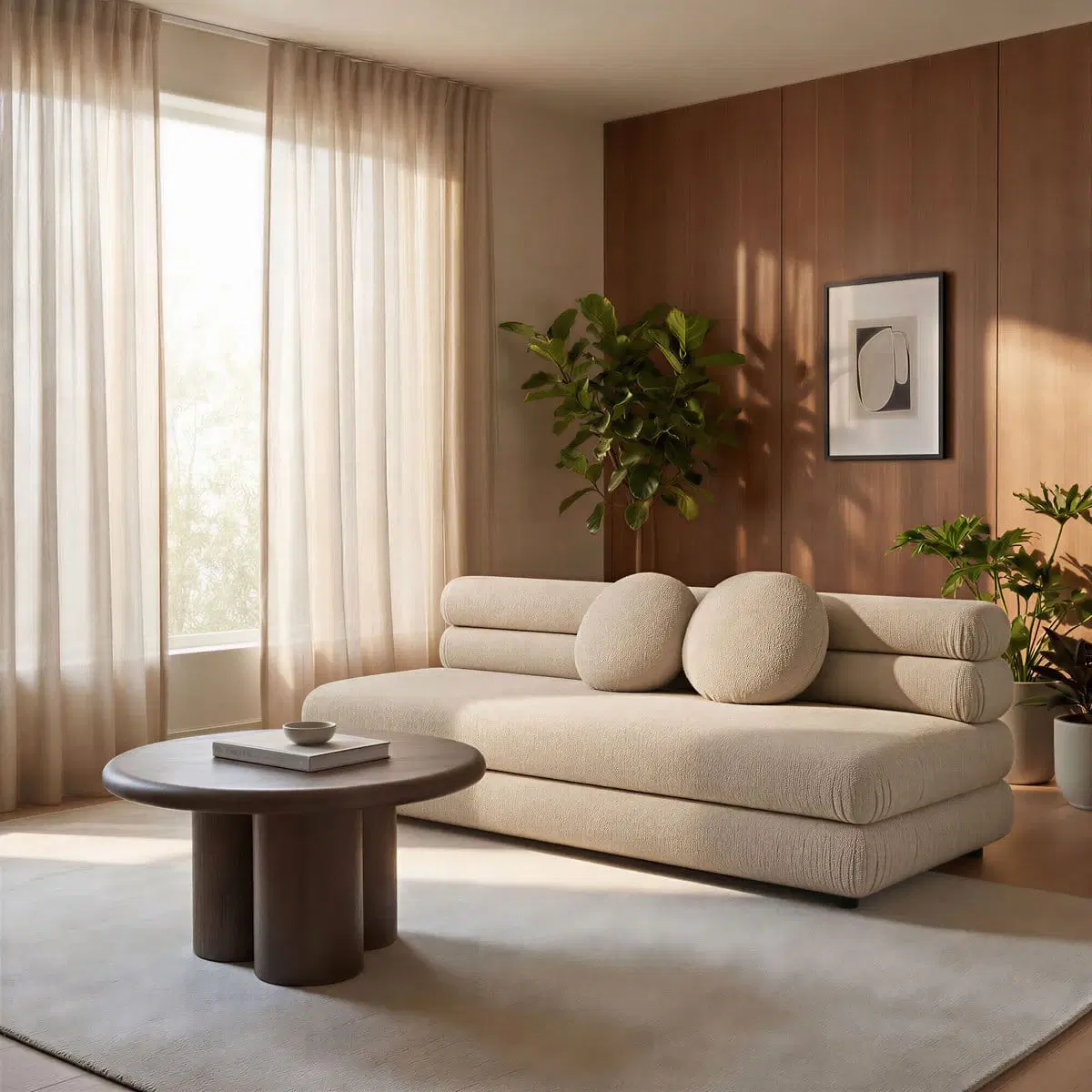 Cream bouclé curved sofa styled in a living room with two round cushions and layered cylindrical backrests
