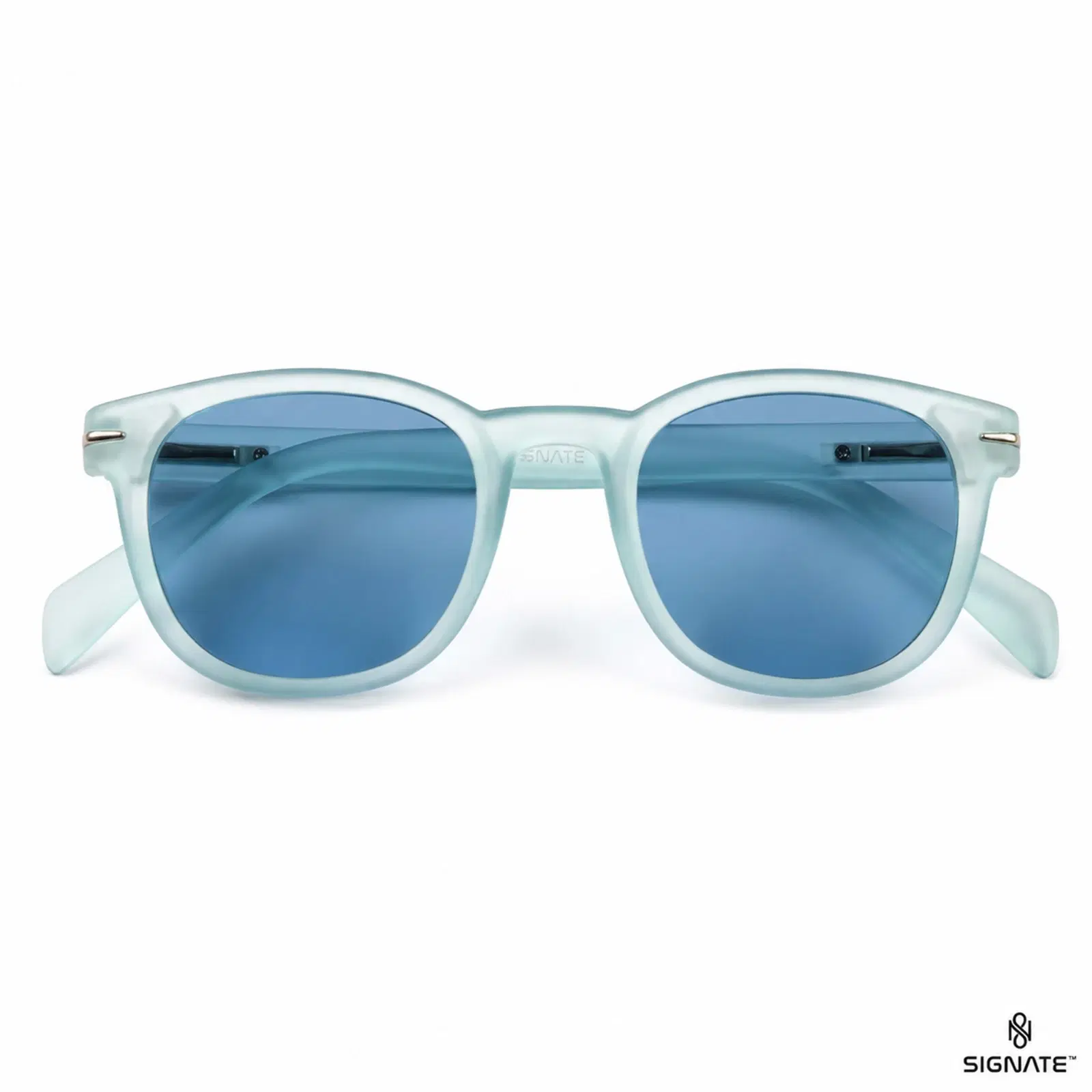Front view of frosted light blue round sunglasses with blue tinted lenses and folded temples