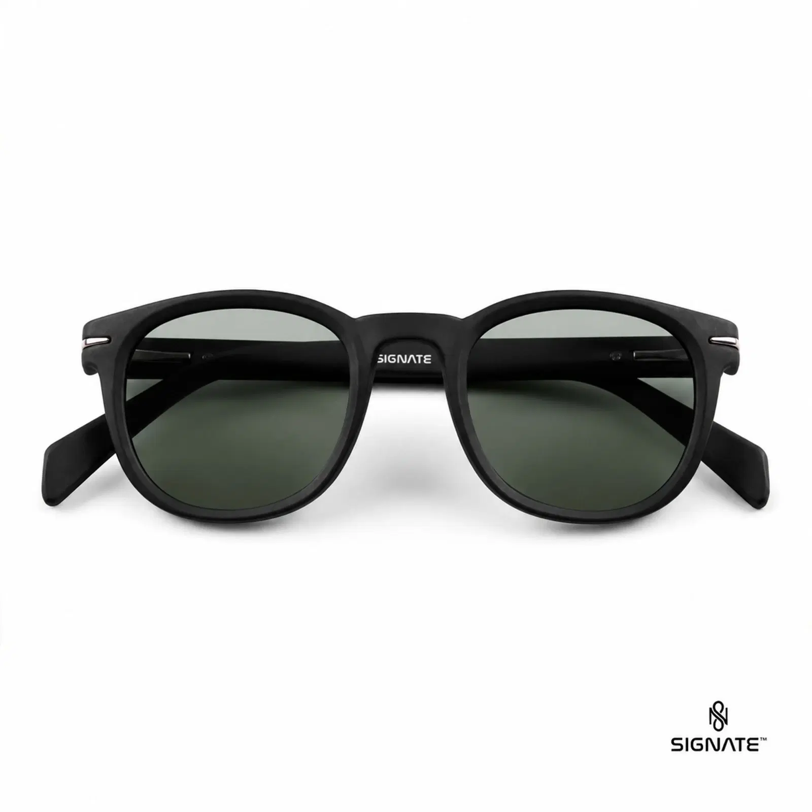Front view of Green matte-frame sunglasses with dark green polarized lenses and silver temple accents