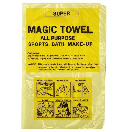 Sealed yellow pack of Super Magic Towel with usage instructions and illustrated care icons on front