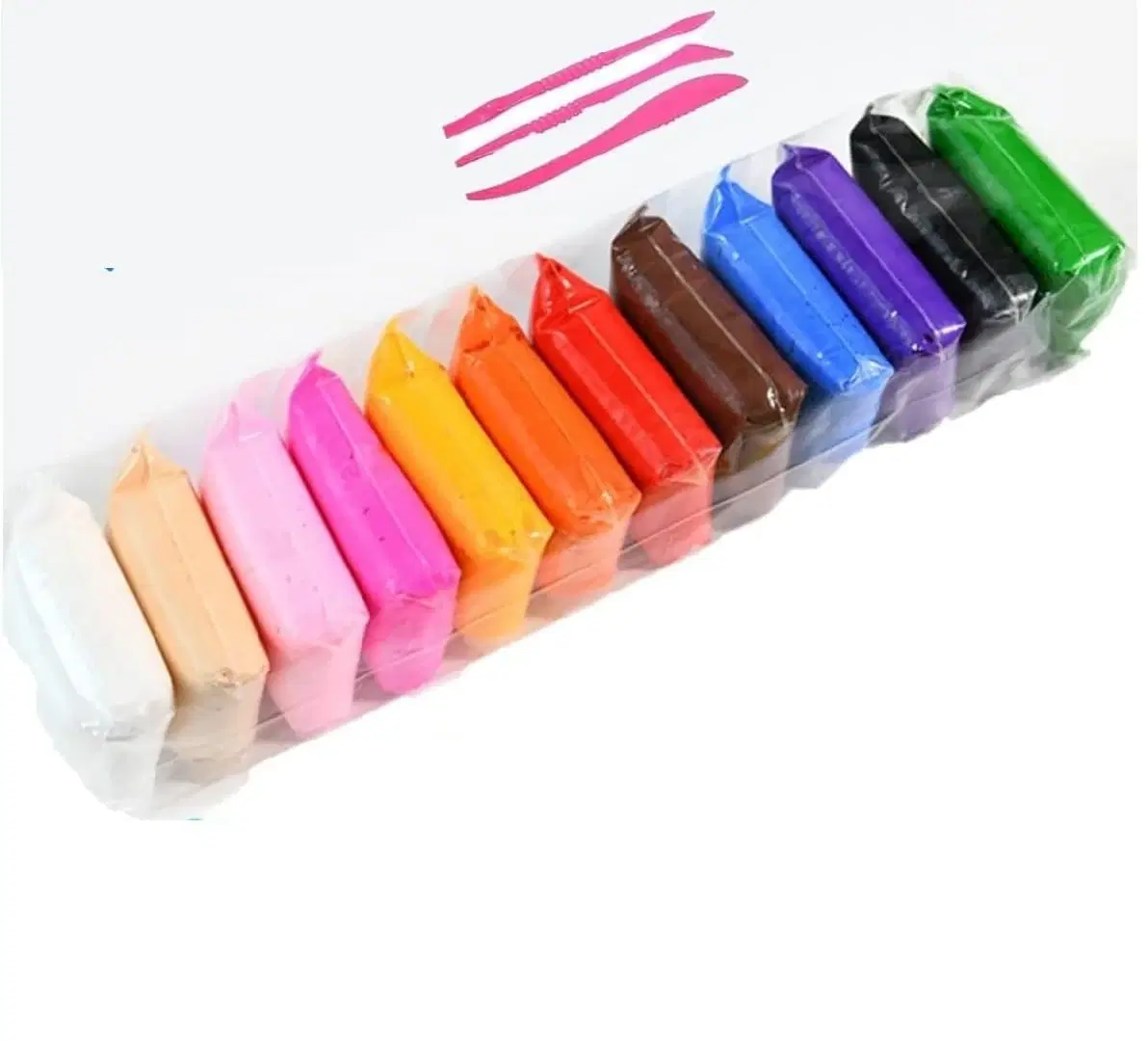 Pack of 10 multicolor clay sticks in clear wrap with 3 pink sculpting tools on a white background