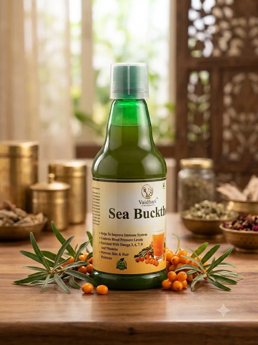 Front view of green Sea Buckthorn herbal juice bottle with clear cap, styled with berries and leaves on a wooden table
