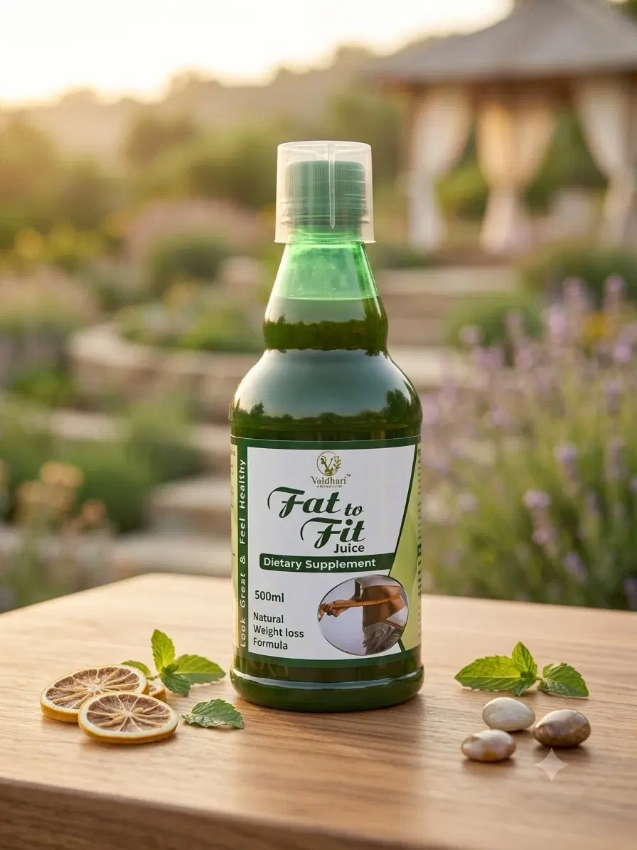 Front view of green 500ml Fat to Fit Juice bottle with clear cap on wooden table outdoors