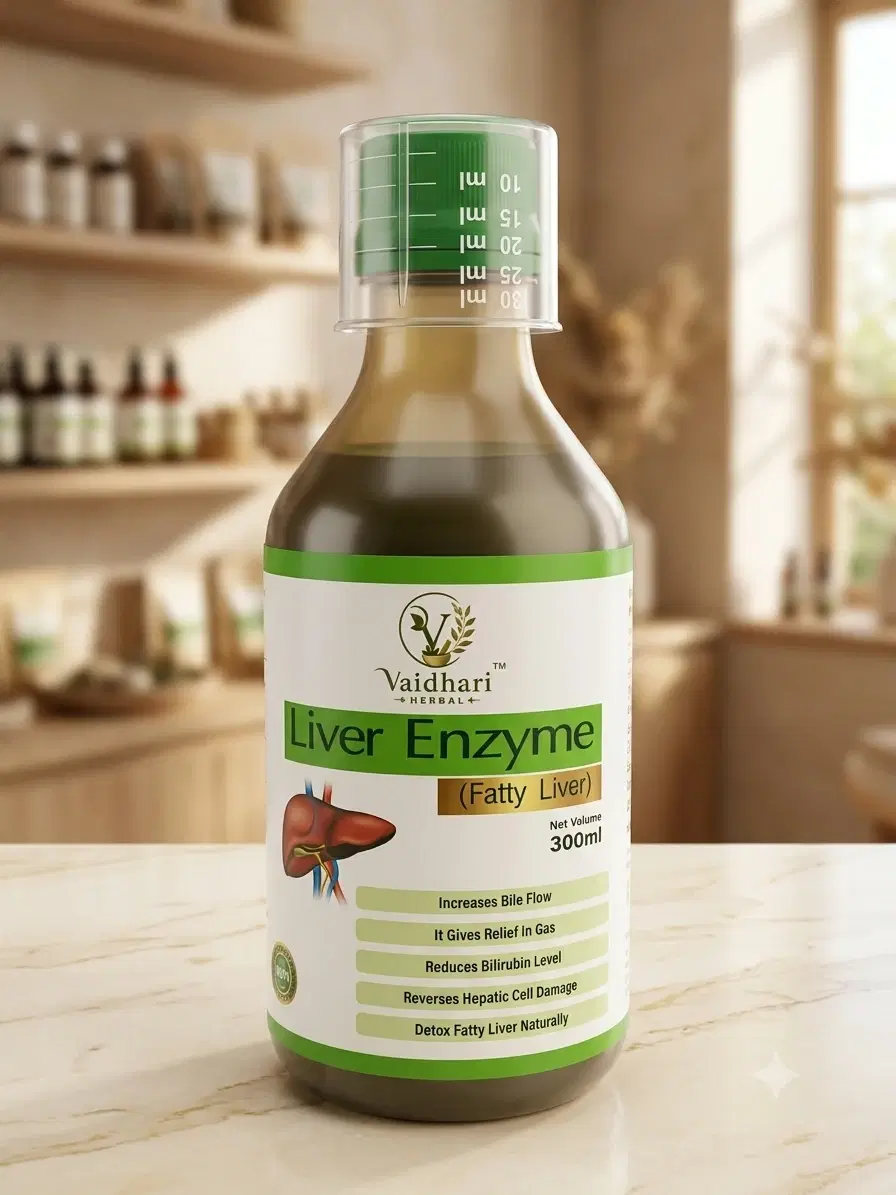 Front view of Vaidhari Herbal Liver Enzyme bottle with marked measuring cap and 300 ml label
