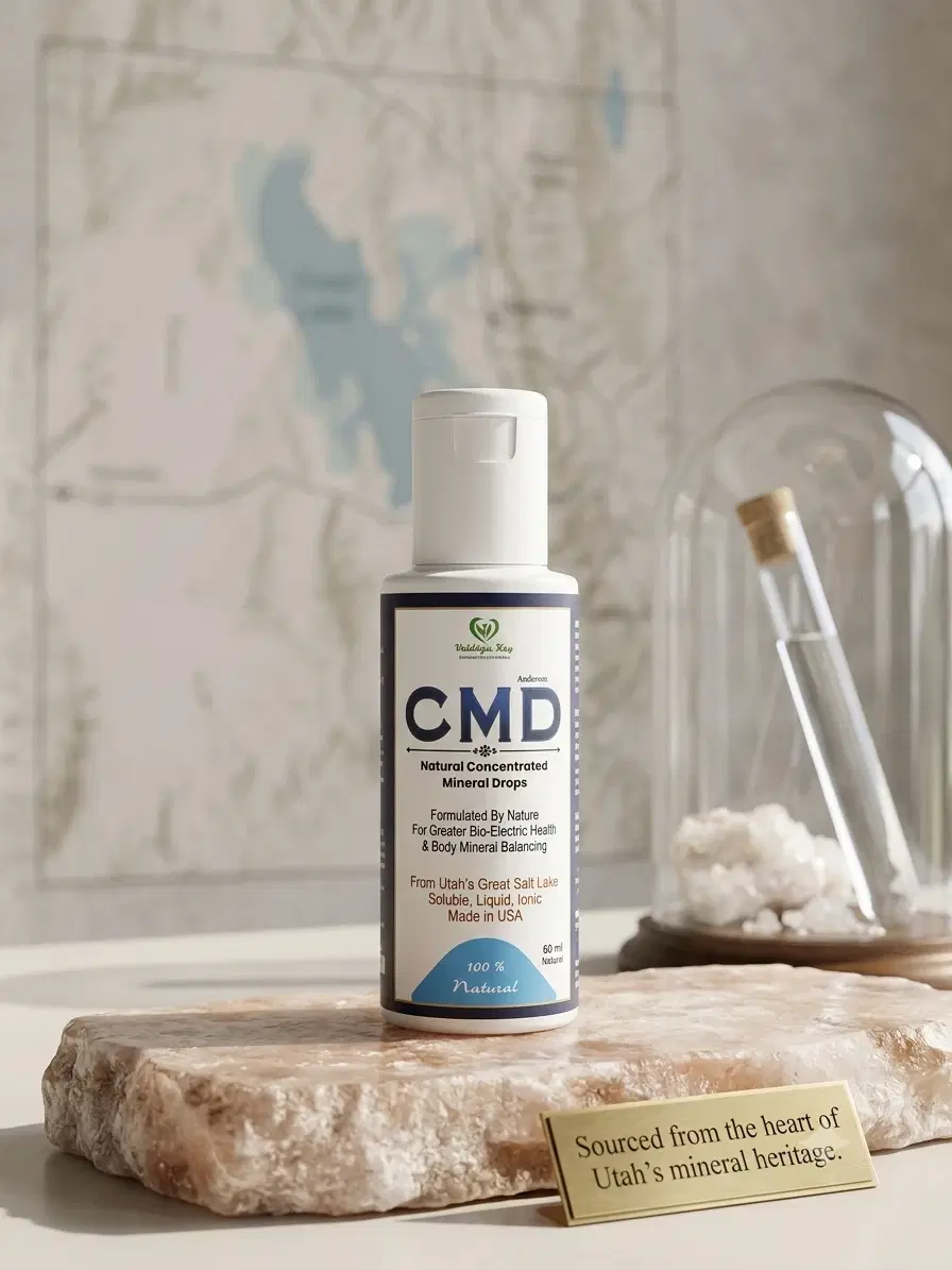 Front view of white 60 ml CMD mineral drops bottle on a stone slab with label fully visible