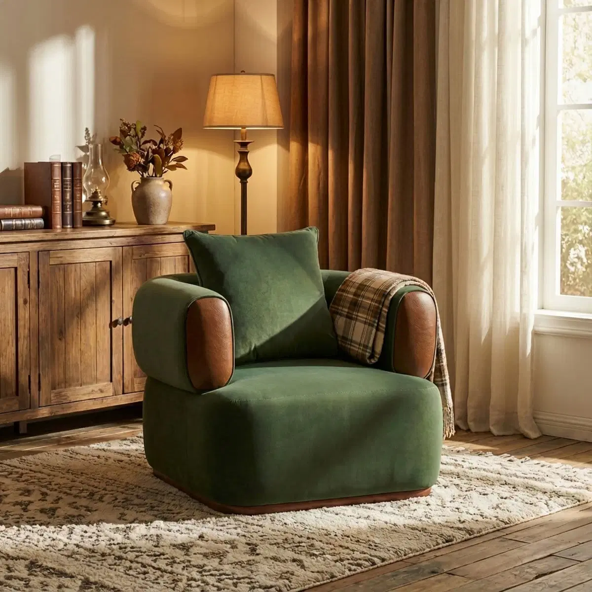 Green accent armchair styled in a warm living room with brown curtains, rug, and wood sideboard