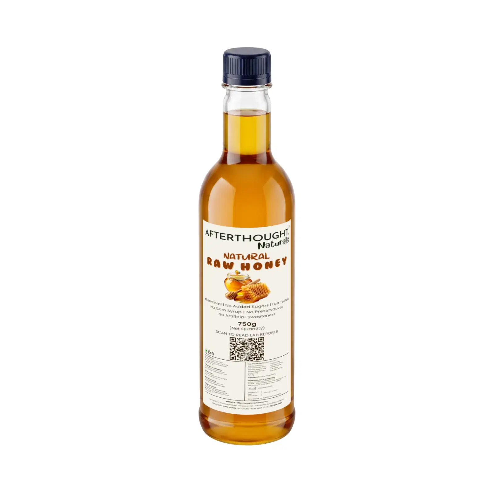 Front view of amber raw honey bottle with black cap, cream label, honeycomb graphic and QR code