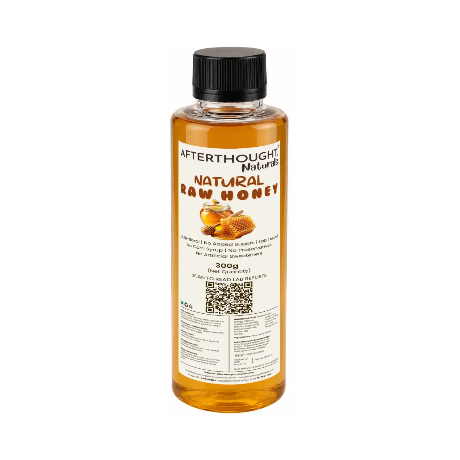 Front view of Afterthought Naturals raw honey bottle with label and black cap