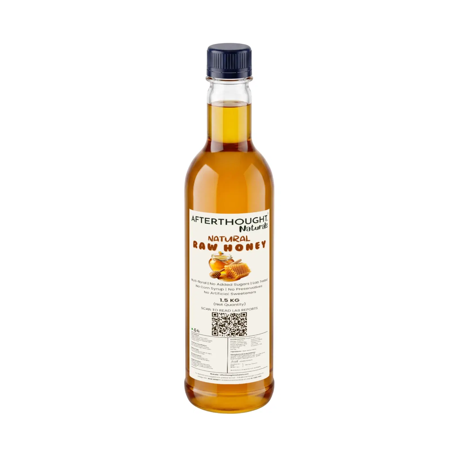 Front view of Afterthought Naturals raw honey bottle with cream label and dark blue cap on white background