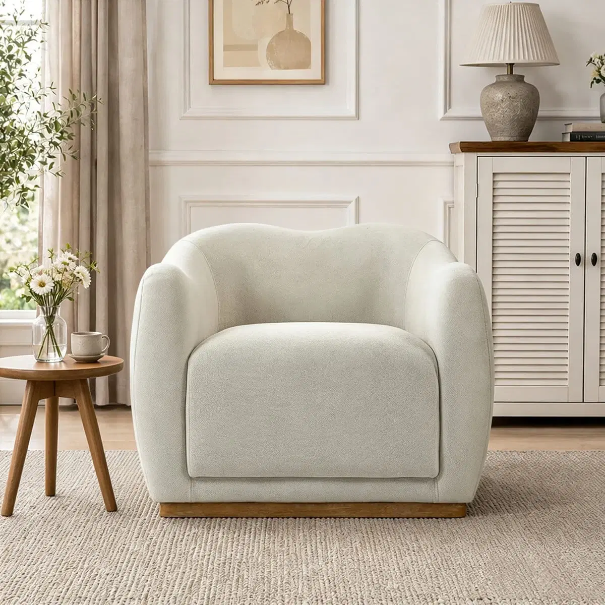 Front view of a cream boucle accent chair with rounded arms and a wood-tone base in a styled living room
