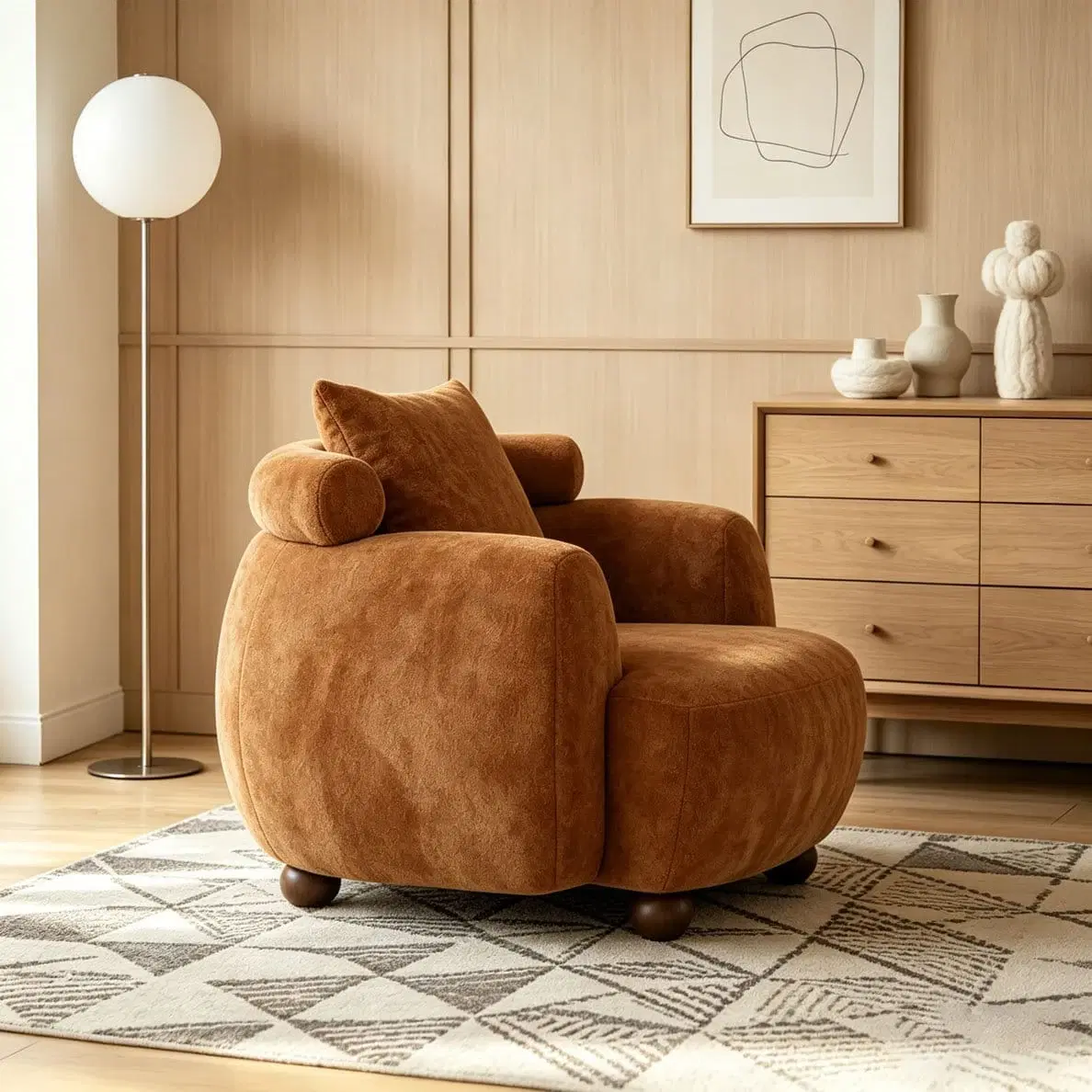 Angled front-left view of a rust brown accent chair with rounded arms, bolster rolls and wood ball feet