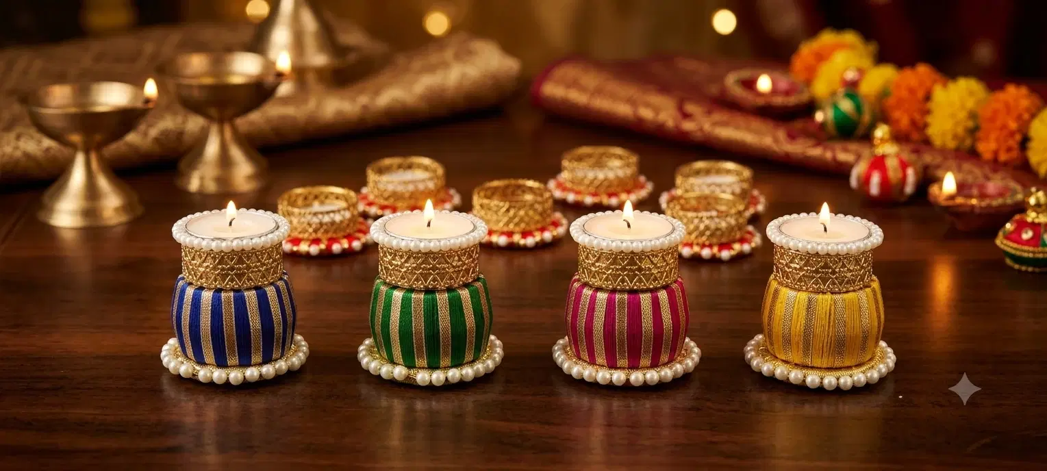Set of four pearl-trim tealight holders in blue, green, pink and yellow on a festive table