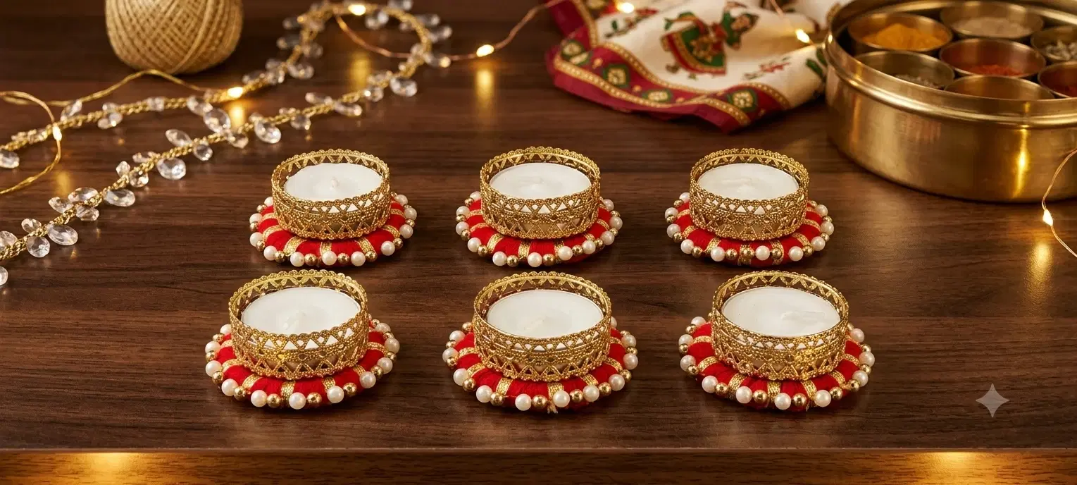 Six gold-tone tealight holders with red pearl-studded bases arranged on a wooden festive setup