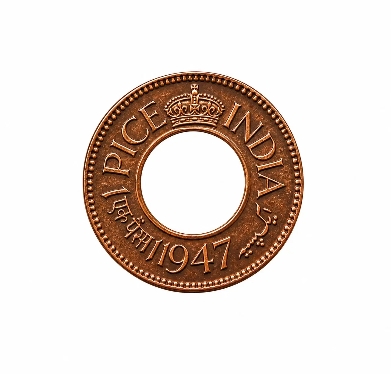 Front view of a 1947 India one pice copper coin with central hole and crowned "PICE INDIA" text
