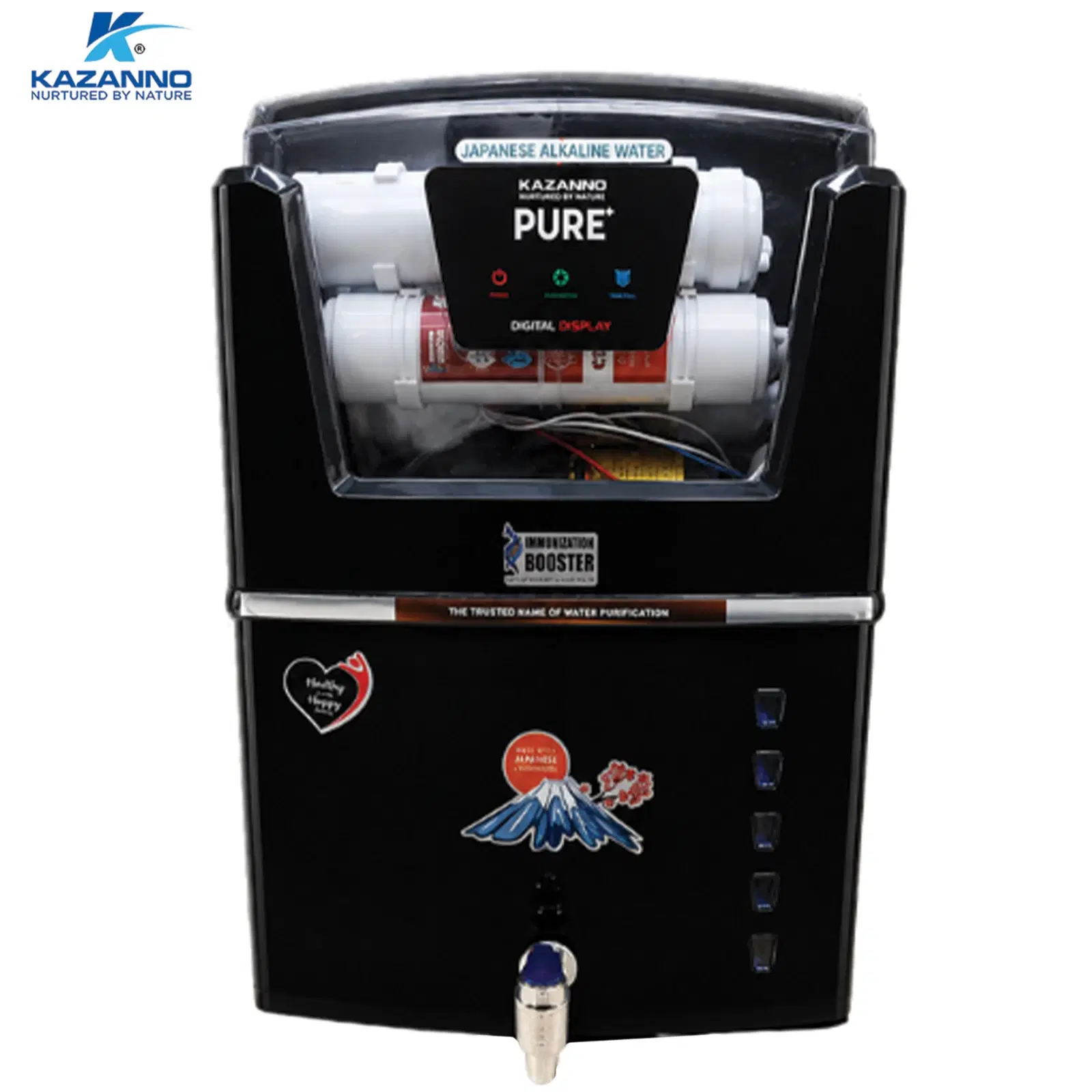 Black Kazanno PURE+ water purifier with digital display, clear top cover and front dispensing tap