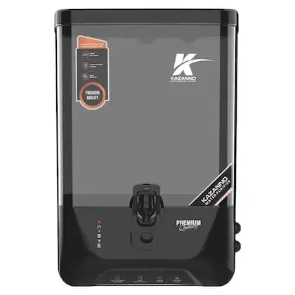 Black front view water purifier with transparent tank, front tap and LED status lights