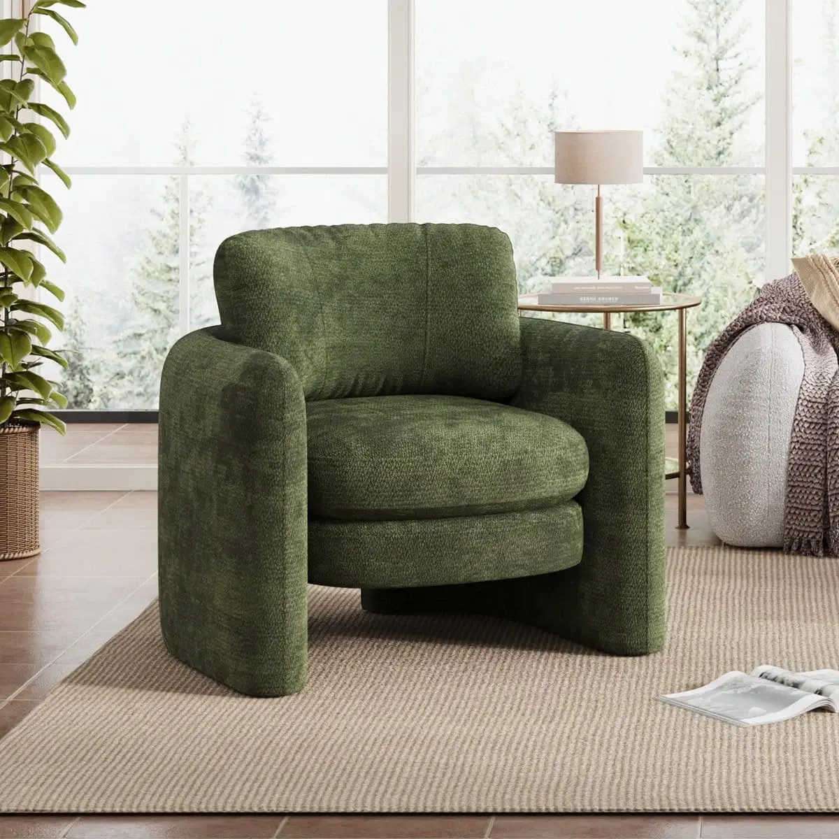 Olive green chenille accent chair styled in a living room, shown from the front-left angle
