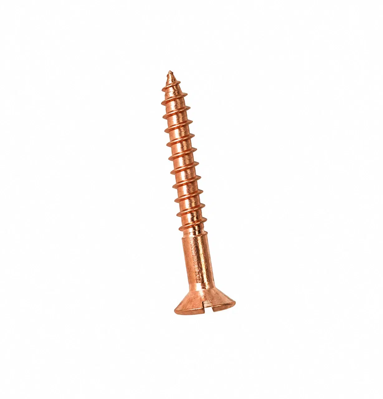 Single copper-finish slotted countersunk screw shown upright on a plain white background