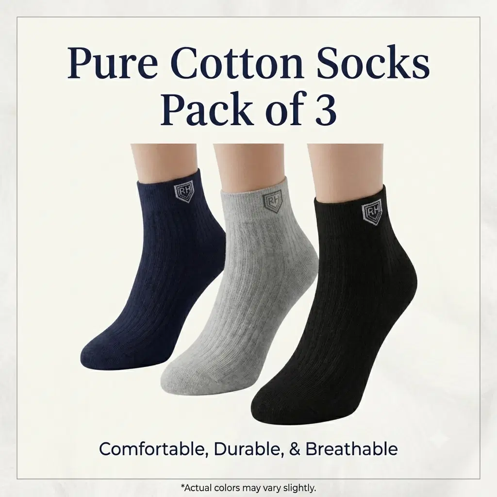 Pack of 3 ribbed ankle socks in navy, grey and black with RH logo and cotton socks text