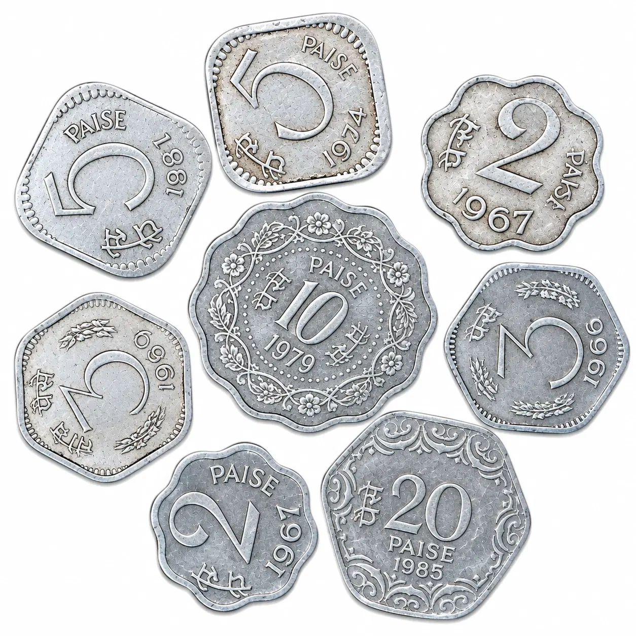 Assorted vintage Indian paise coins laid flat, showing 2, 5, 10 and 20 paise denominations