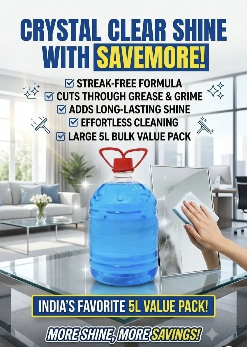 5L blue glass cleaner can with red cap beside a wiped mirror, with streak-free shine claims on the graphic