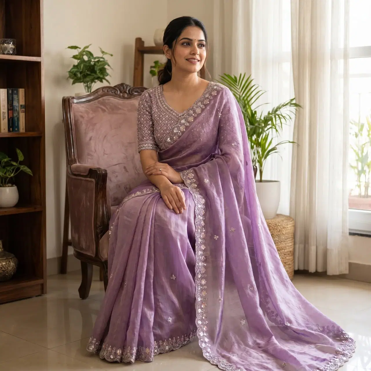 Lavender embroidered saree draped on seated model, showing full pallu and scalloped embellished border