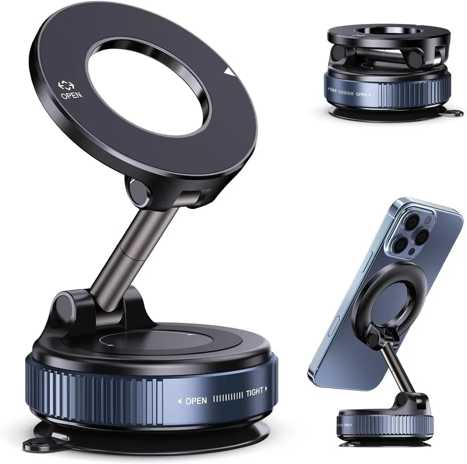 Product beauty shot of the black adjustable magnetic mount with separate base and mounted phone example