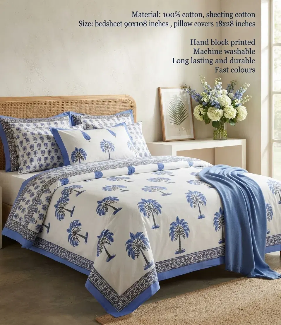 Blue Tree of Life hand block printed double bedsheet with 2 flap pillow covers