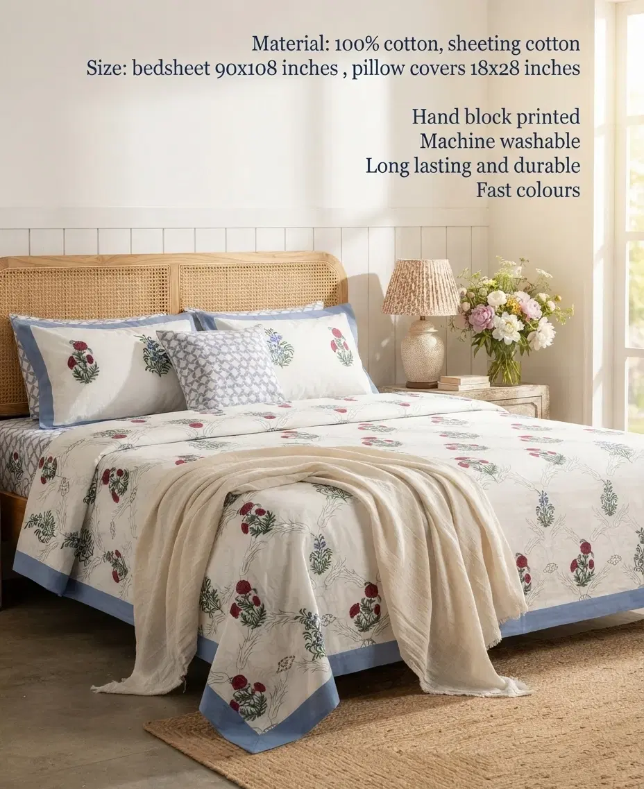 red buta and green cluster hand block printed double bedsheet