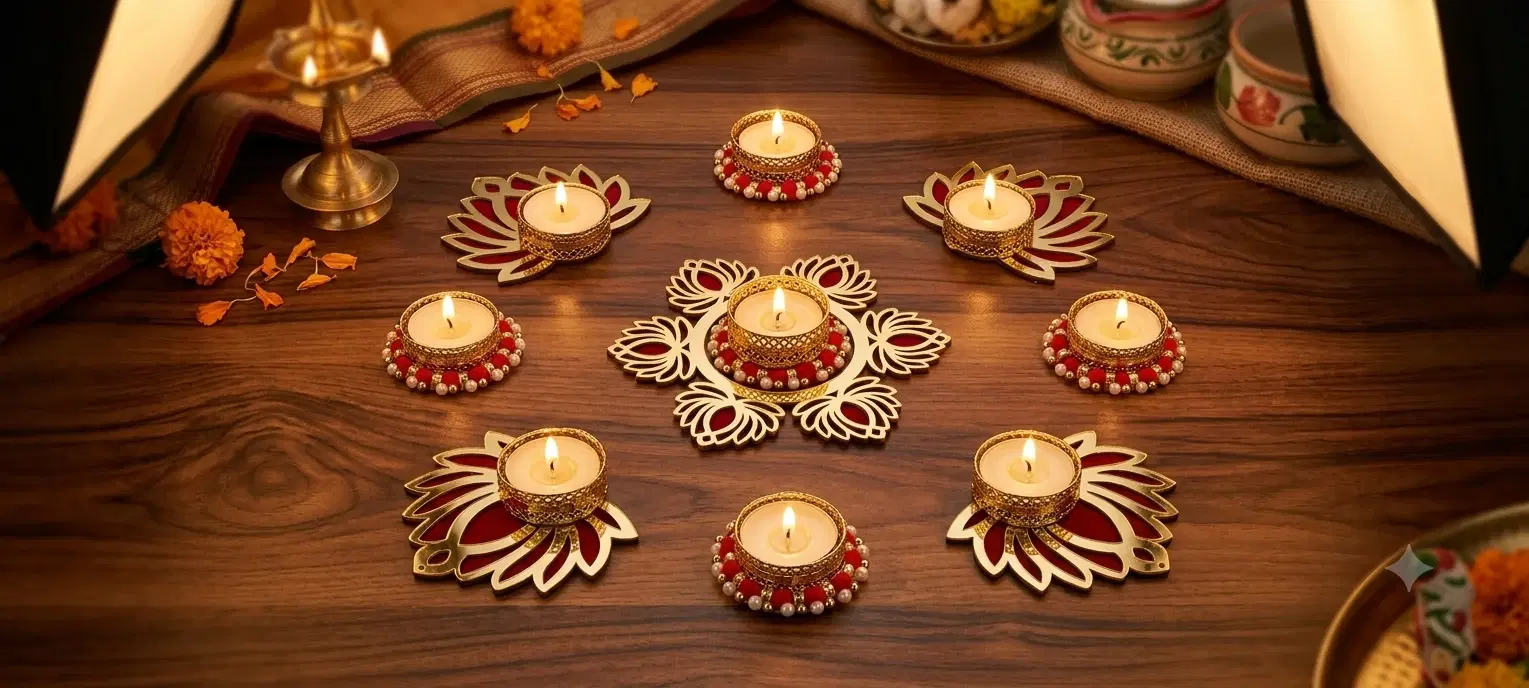 Festive tabletop display of lotus tealight diya holders in red, gold and pearl accents with candles lit