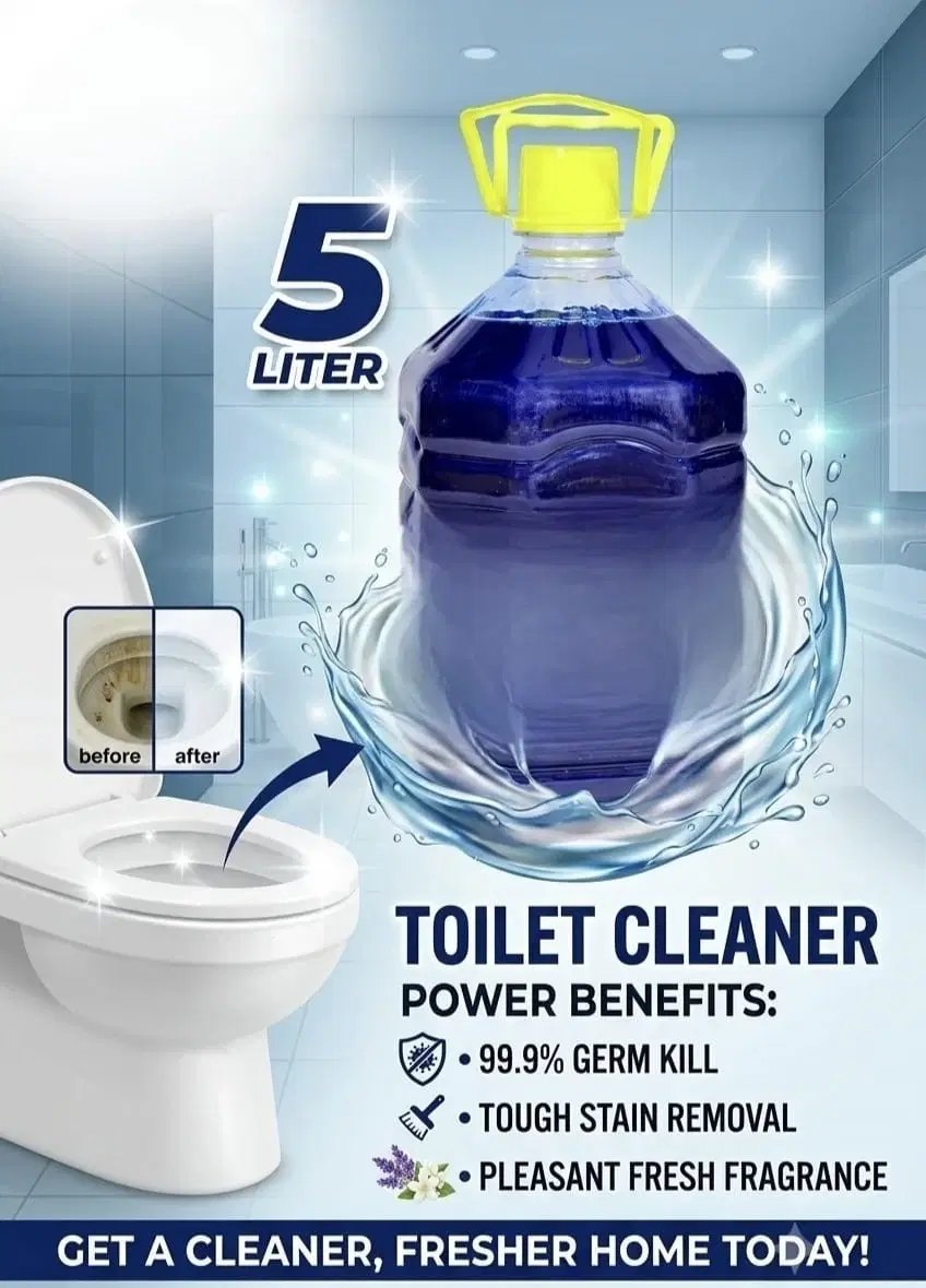 5 litre blue toilet cleaner bottle with yellow cap, bathroom backdrop and germ-kill benefit text