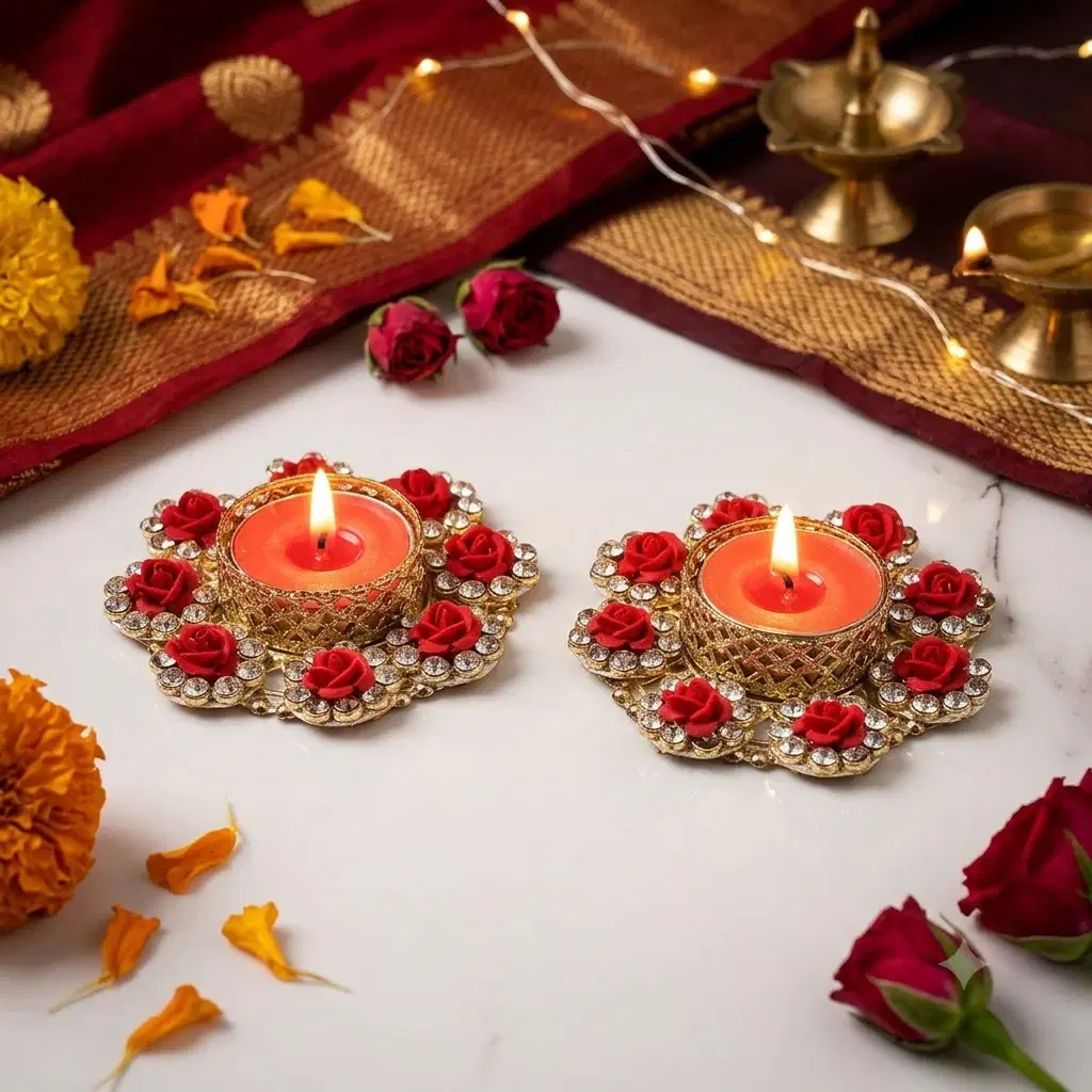 Two lit floral tealight holders with red roses and crystal accents on a festive decorative setup