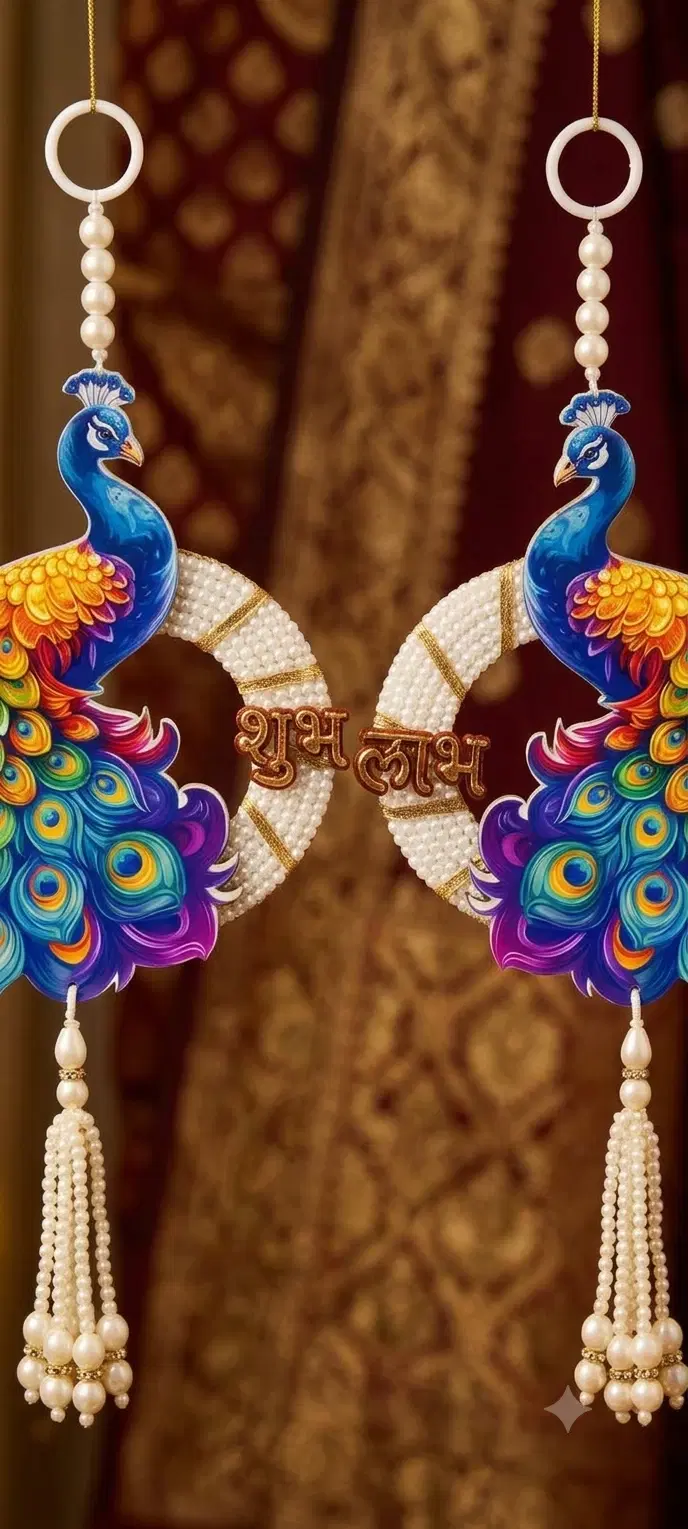 Pair of colorful peacock Shubh Labh hangings with pearl-wrapped rings and long bead tassels