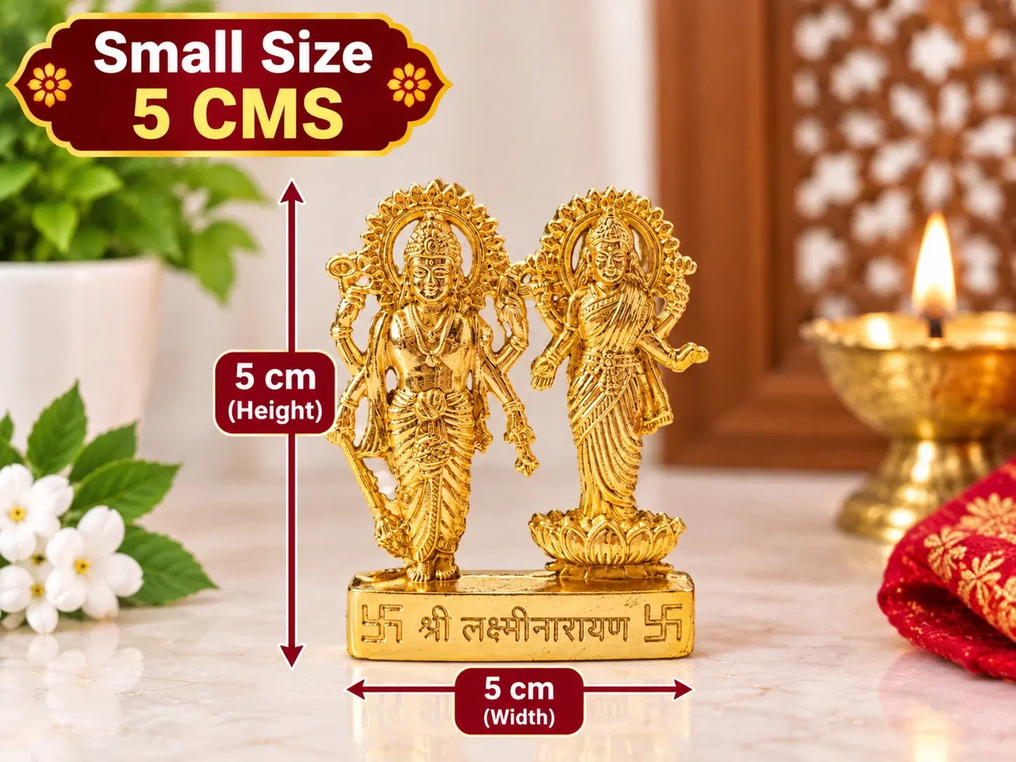 Front view of small golden Lakshmi Narayan idol with 5 cm height and width callouts on a pooja setup